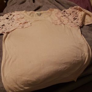 F21 light pink sweater with floral cold shoulder